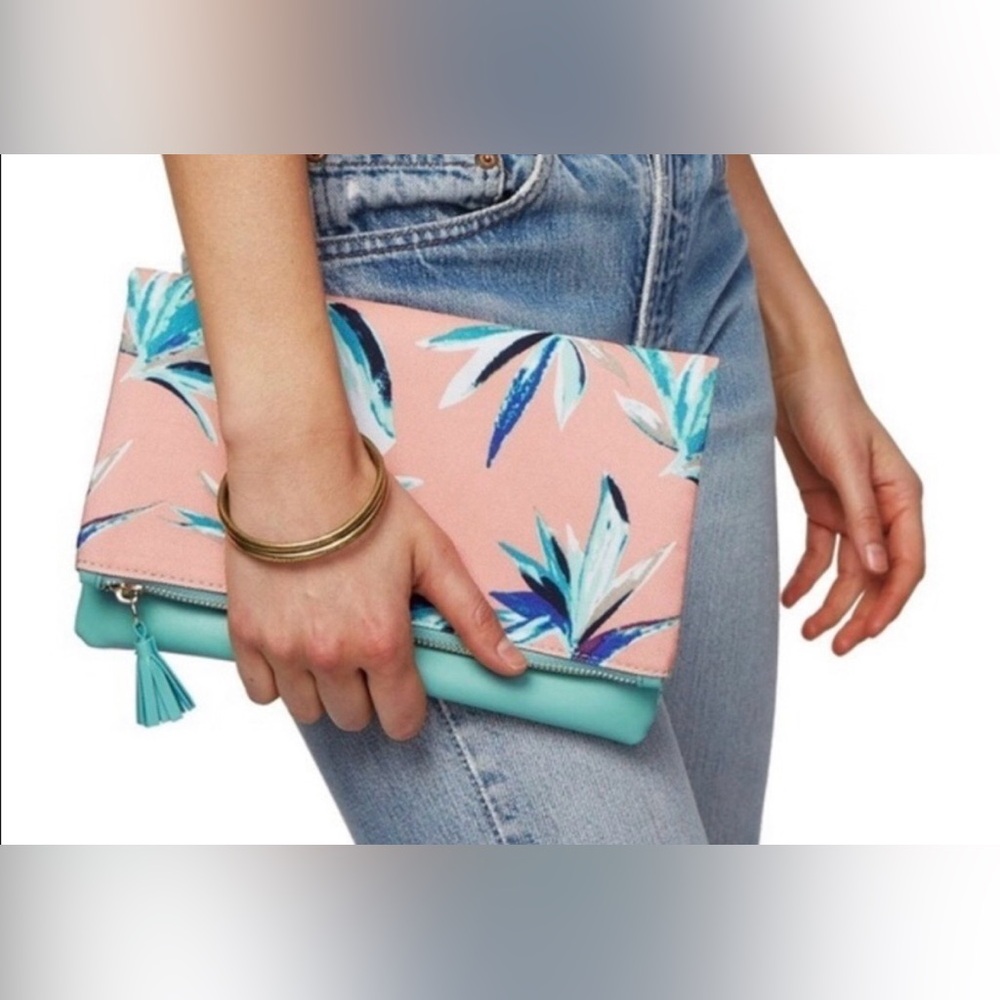 Rachel Pally Anthropologie Bird of Paradise Pink‎ Turquoise Reversible Clutch